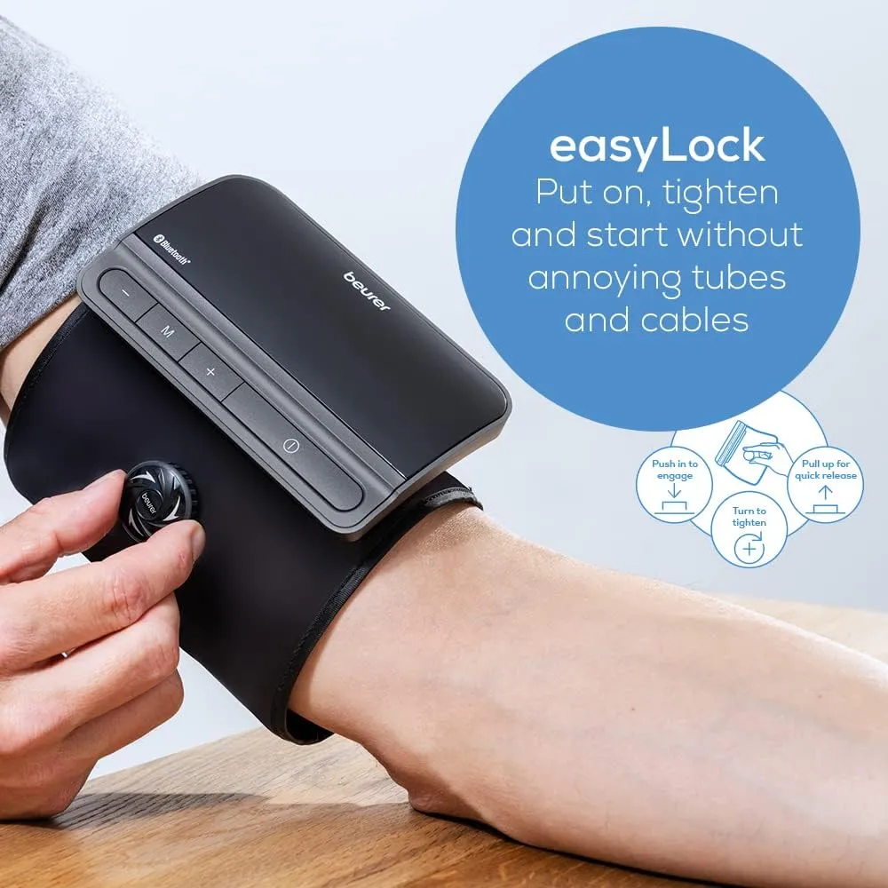 Beurer BM81 easyLock Automatic Upper Arm Blood Pressure Monitor, Fully Electronic Smart Cuff Without Cables, Gentle Striction Plus Fast Measurement, Bluetooth, 240 Memory Sets
