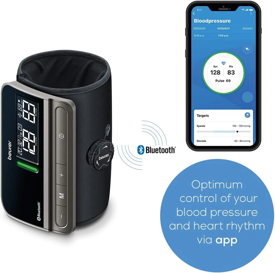 Beurer BM81 easyLock Automatic Upper Arm Blood Pressure Monitor, Fully Electronic Smart Cuff Without Cables, Gentle Striction Plus Fast Measurement, Bluetooth, 240 Memory Sets
