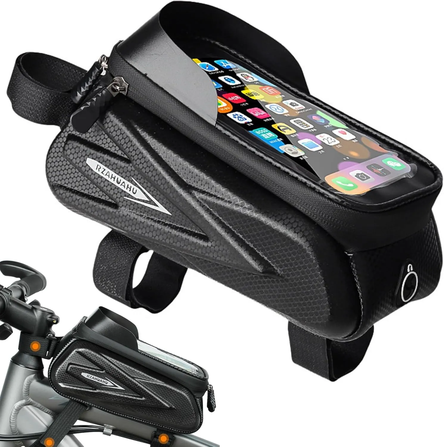 Bicycle Frame Bag Waterproof with Touchscreen - 1.5L Large Capacity EVA Hard Shell Phone Pouch for iPhone 15/14/13 & Samsung Galaxy, Anti-Scratch Cycling Bag for Commuting/Mountain Bikes (Style 3)