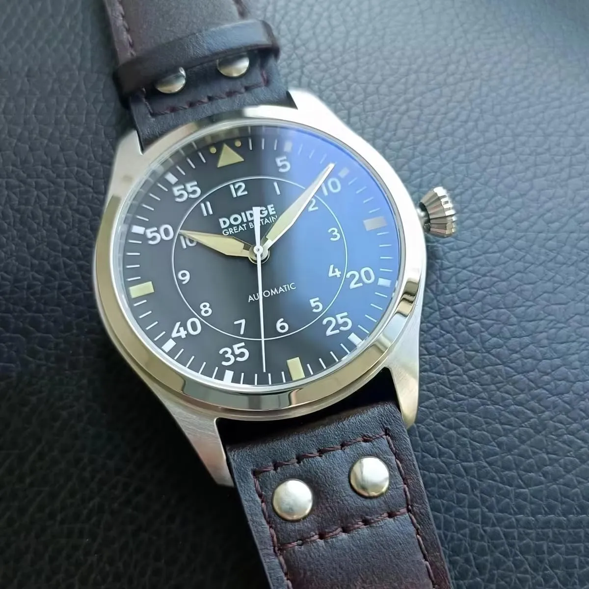 Big Pilot Watch Japan NH35 Automatic Movement Aviator Mechanical Men's Wristwatch Sapphire Glass Stainless Steel Case Genuine Leather Strap Luminous Waterproof Watches