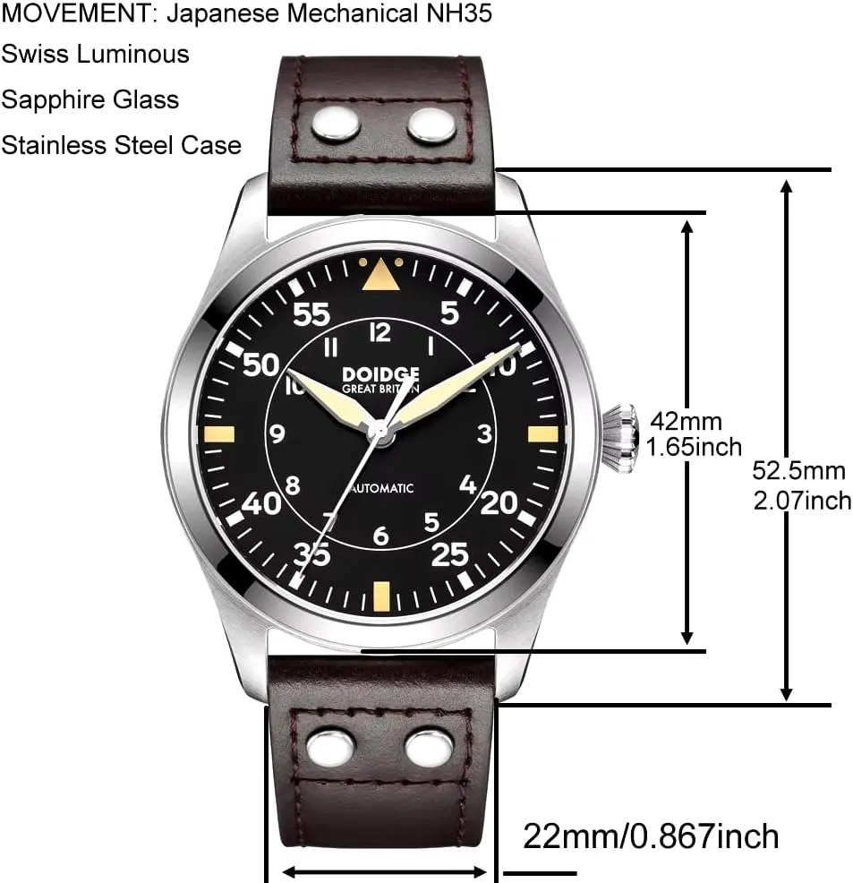 Big Pilot Watch Japan NH35 Automatic Movement Aviator Mechanical Men's Wristwatch Sapphire Glass Stainless Steel Case Genuine Leather Strap Luminous Waterproof Watches