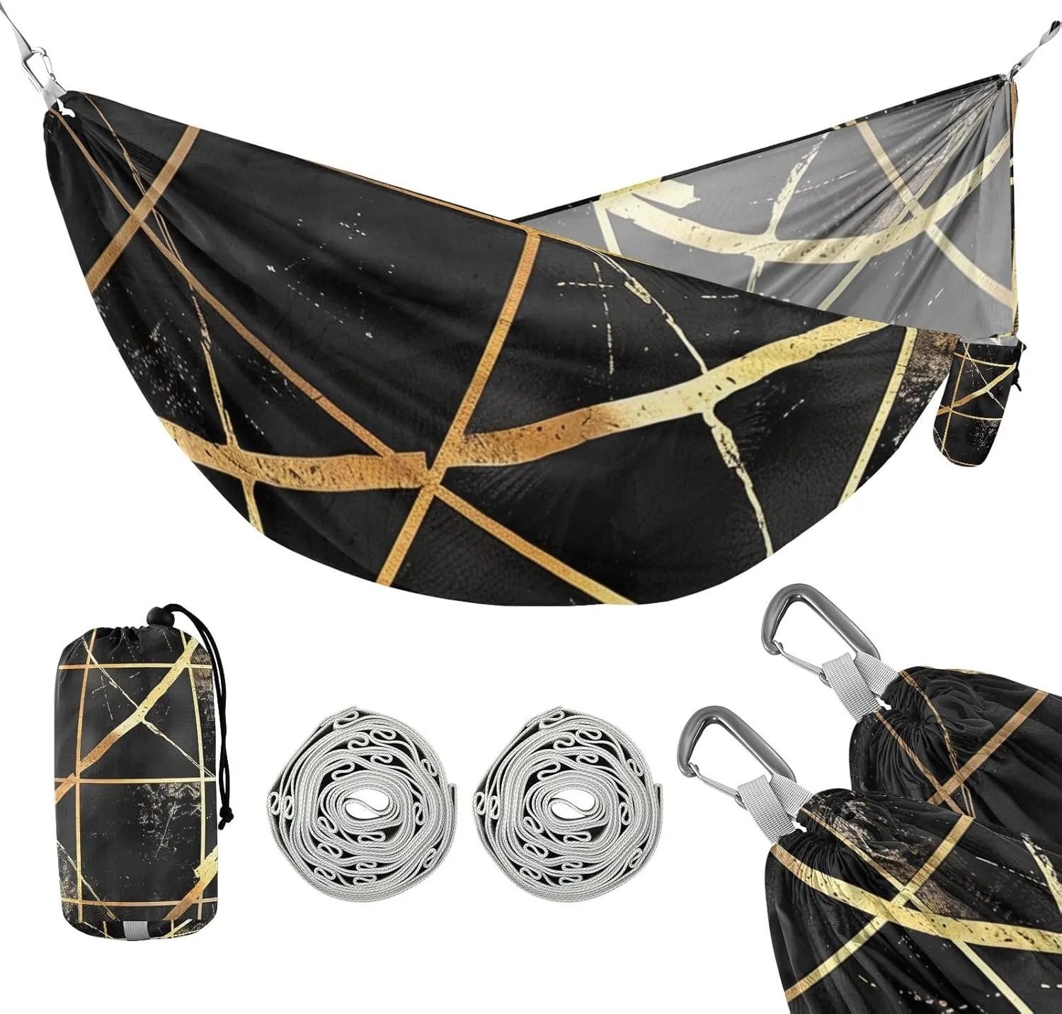 Black and Gold Plaid Geometric Lines 330lb Capacity Outdoor Hammock with Hanging Rope Fabric Hammock for Outside Camping Essentials Base para hamacas para adultos