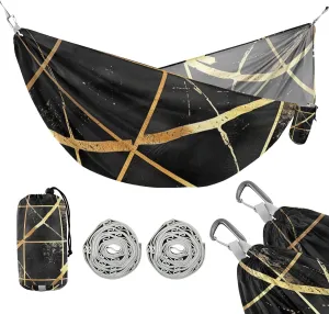 Black and Gold Plaid Geometric Lines 330lb Capacity Outdoor Hammock with Hanging Rope Fabric Hammock for Outside Camping Essentials Base para hamacas para adultos