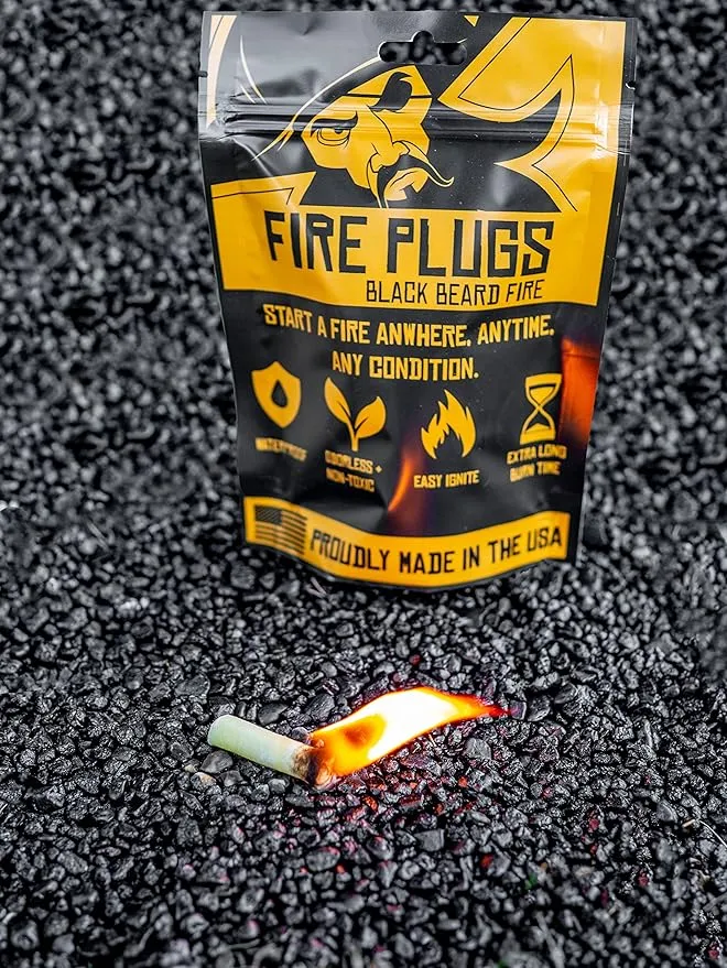 Black Beard Fire Plug Kit - 50 Waterproof Fire Plugs, Arc Lighter, Ferro Rod and Organizer Case for Camping, Backpacking and Emergency Survival