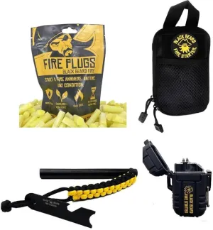 Black Beard Fire Plug Kit - 50 Waterproof Fire Plugs, Arc Lighter, Ferro Rod and Organizer Case for Camping, Backpacking and Emergency Survival