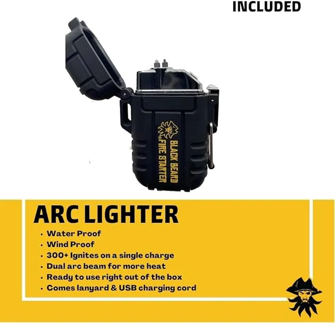 Black Beard Fire Plug Kit - 50 Waterproof Fire Plugs, Arc Lighter, Ferro Rod and Organizer Case for Camping, Backpacking and Emergency Survival