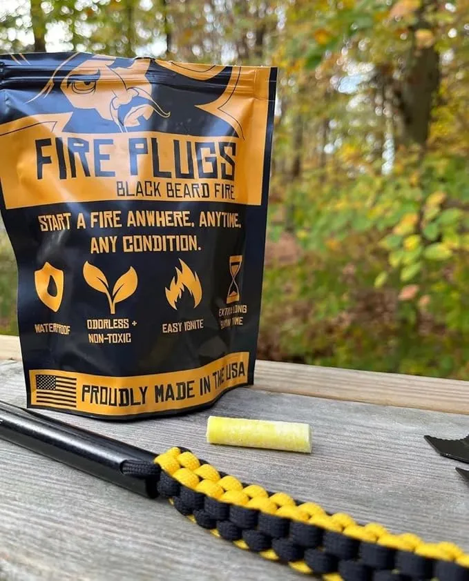 Black Beard Fire Plug Kit - 50 Waterproof Fire Plugs, Arc Lighter, Ferro Rod and Organizer Case for Camping, Backpacking and Emergency Survival
