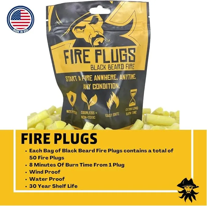 Black Beard Fire Plug Kit - 50 Waterproof Fire Plugs, Arc Lighter, Ferro Rod and Organizer Case for Camping, Backpacking and Emergency Survival