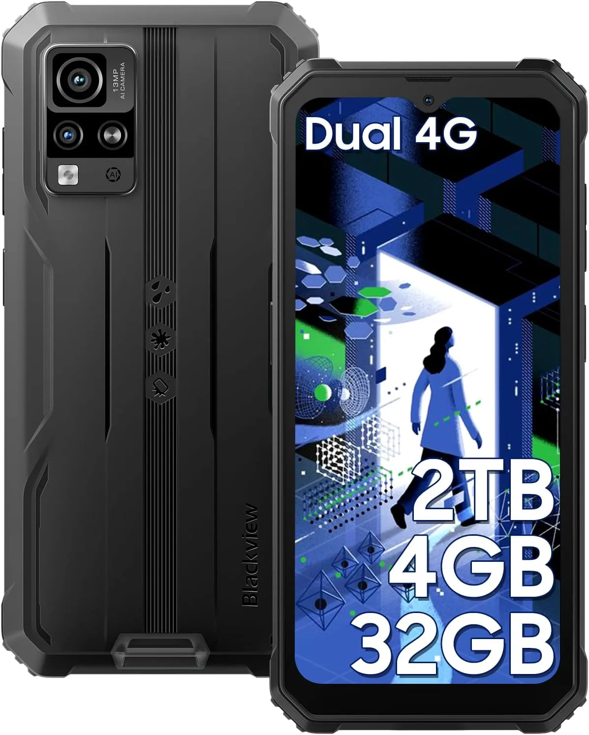 Blackview Phone BV4800, Android 13 4GB 32GB 2TB Expand Rugged Smartphone, 6.56" Incell Screen 5180mAh Rugged Phone, 4G T-Mobile Dual SIM Rugged Smartphone Unlocked, IP69K, 3 Card Slots/Face ID-Black