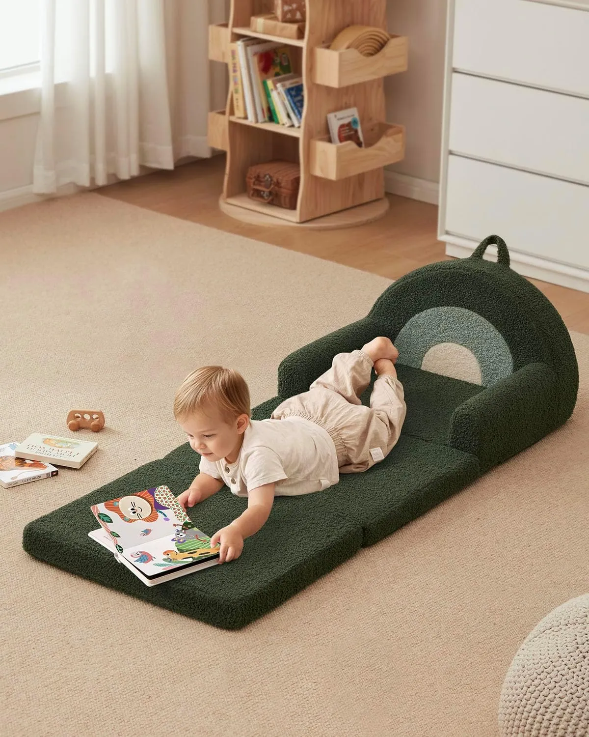 Blissful Diary Foldable Toddler Couch, 2-in-1 Comfy Toddler Chair & Lounger for Reading, Nap, Playroom, Kids Couch Sofa for 1 2 3  Year Old Girls Boys Birthday Gift, Dark Green Rainbow