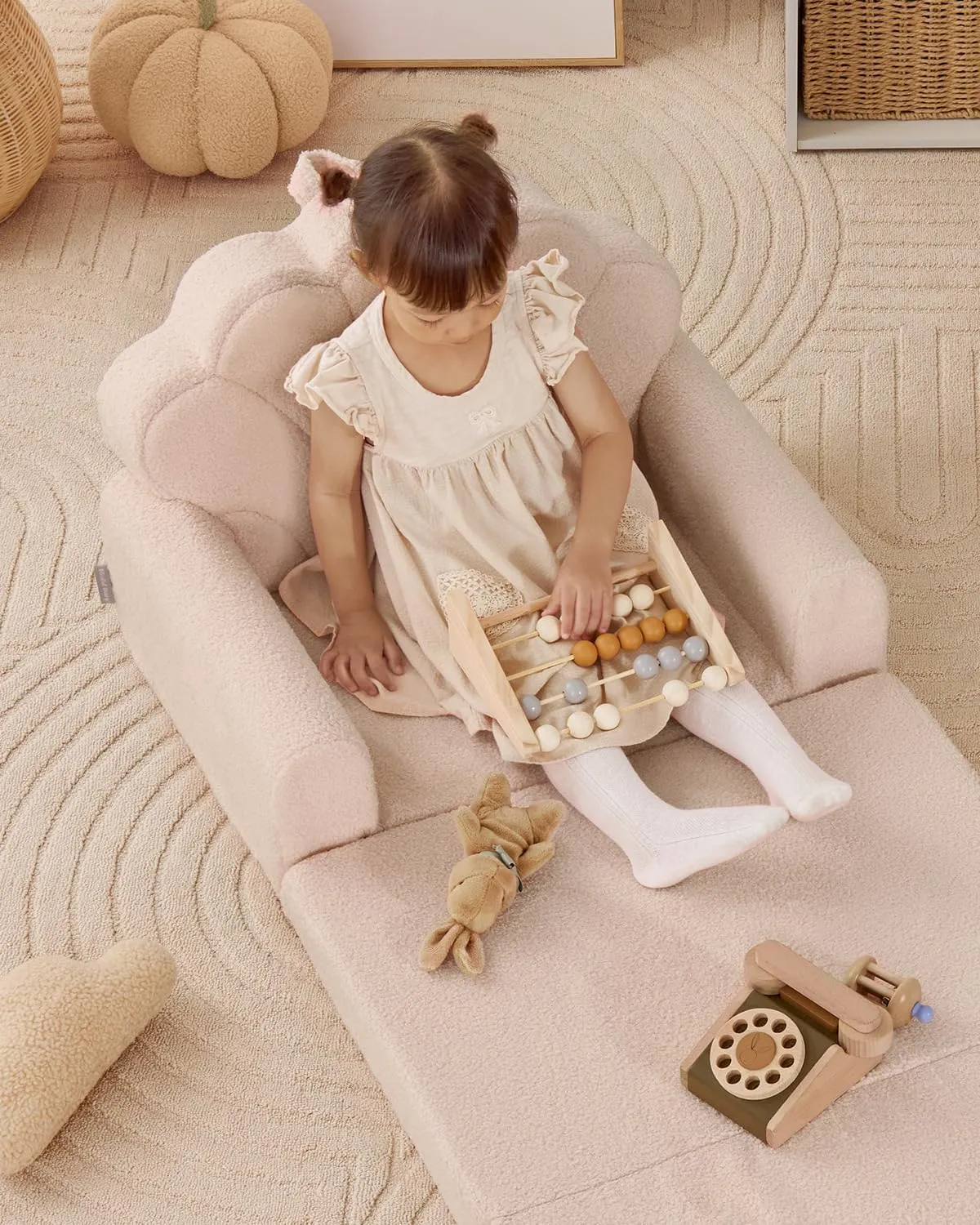 Blissful Diary Kids Couch, 2-in-1 Soft Toddler Couch Fold Out, Toddler Chair Comfy, Convertible Sofa to Lounger, Kids Furniture for Playroom, Gift for Birthday, Children's Day, Beige Shell