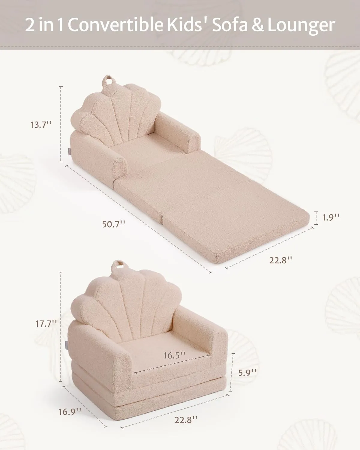 Blissful Diary Kids Couch, 2-in-1 Soft Toddler Couch Fold Out, Toddler Chair Comfy, Convertible Sofa to Lounger, Kids Furniture for Playroom, Gift for Birthday, Children's Day, Beige Shell