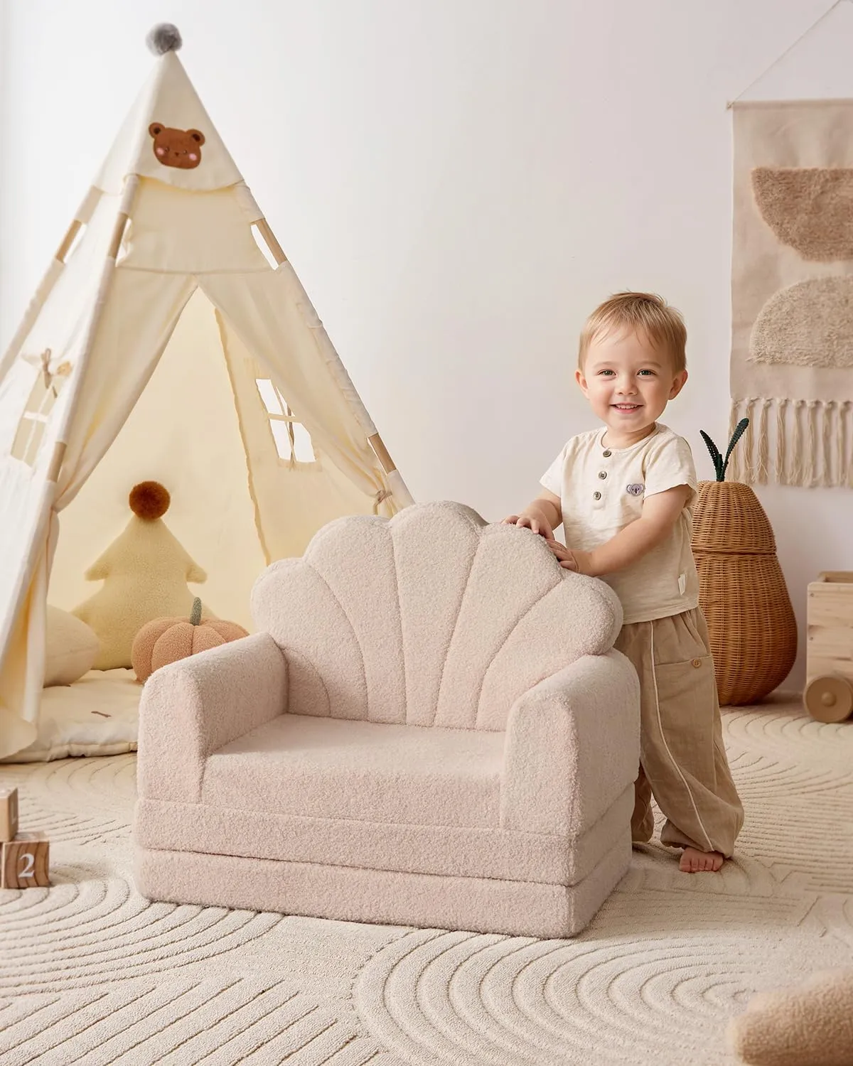 Blissful Diary Kids Couch, 2-in-1 Soft Toddler Couch Fold Out, Toddler Chair Comfy, Convertible Sofa to Lounger, Kids Furniture for Playroom, Gift for Birthday, Children's Day, Beige Shell