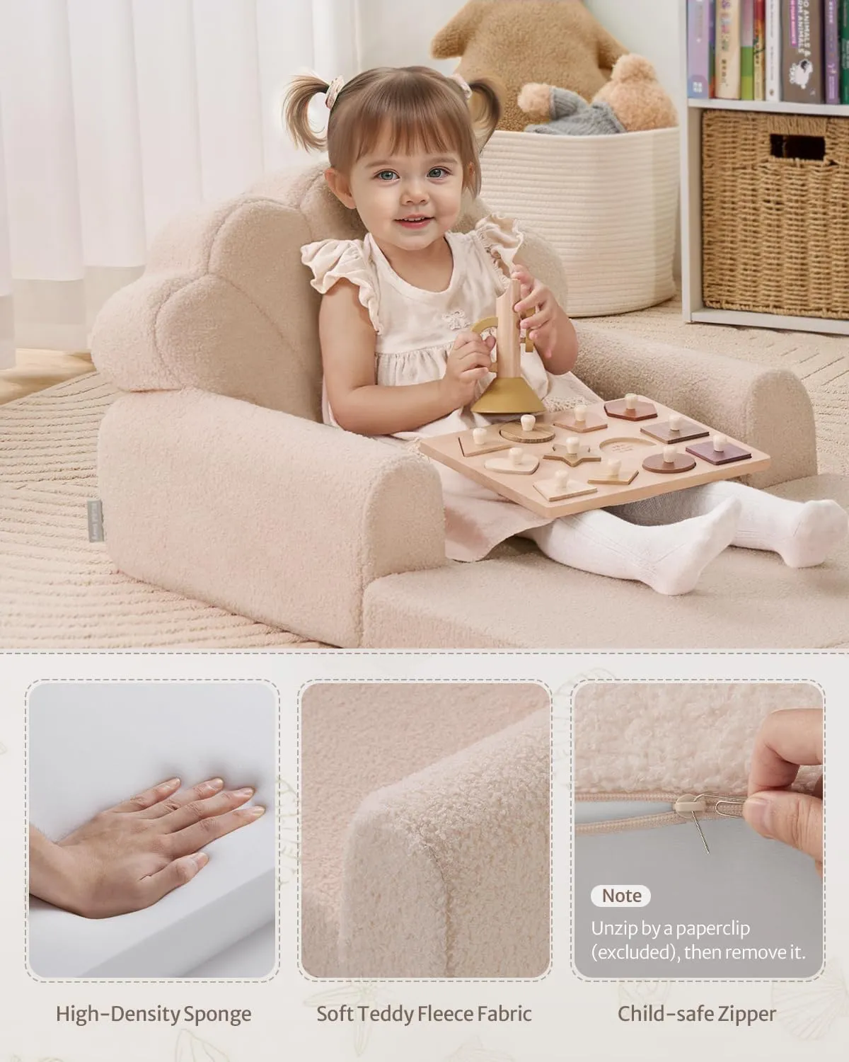 Blissful Diary Kids Couch, 2-in-1 Soft Toddler Couch Fold Out, Toddler Chair Comfy, Convertible Sofa to Lounger, Kids Furniture for Playroom, Gift for Birthday, Children's Day, Beige Shell