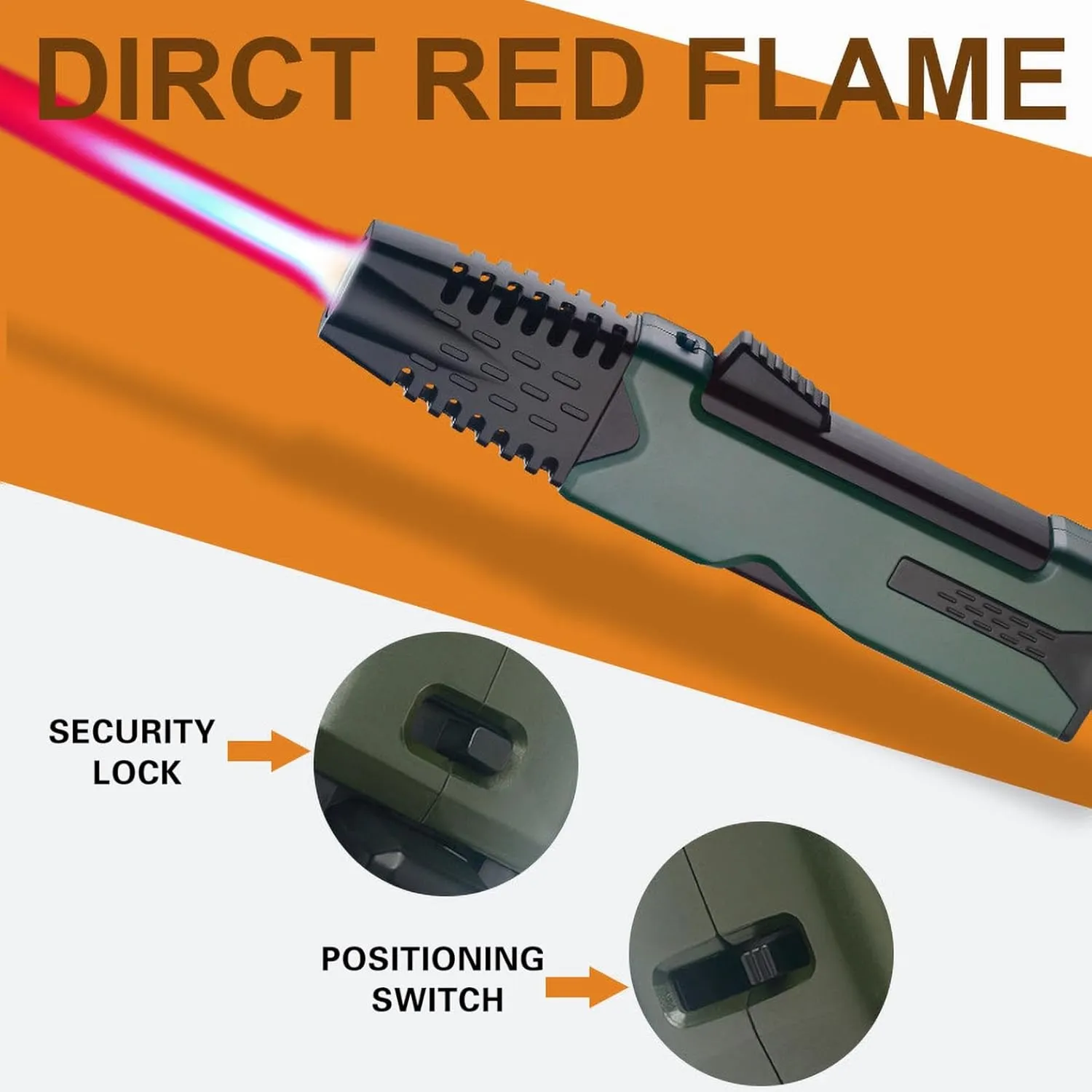 Blue Flame Lighter, Inflatable Gas Windproof Lighter Refillable Butane Lighter for Outdoor BBQ Baking Windproof Straight Torch Windproof Straight Lighter (Army Green)