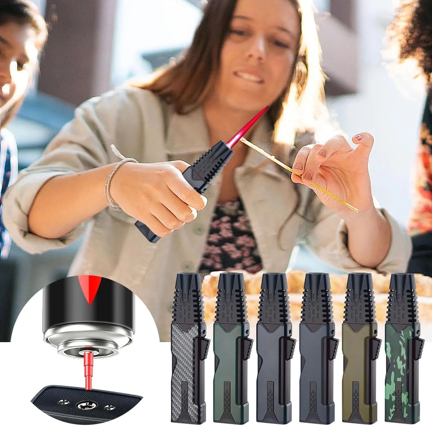 Blue Flame Lighter, Inflatable Gas Windproof Lighter Refillable Butane Lighter for Outdoor BBQ Baking Windproof Straight Torch Windproof Straight Lighter (Army Green)