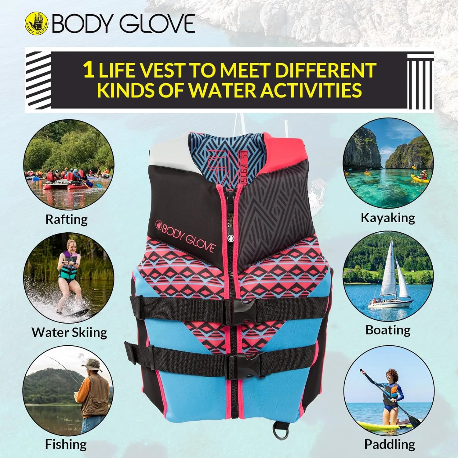 Body Glove Phantom Women's Neoprene Life Jacket, USCG and Transport Canada Approved PFD, Lightweight Life Vest, Great for Boating, Fishing, Kayaking, Rafting, Paddling