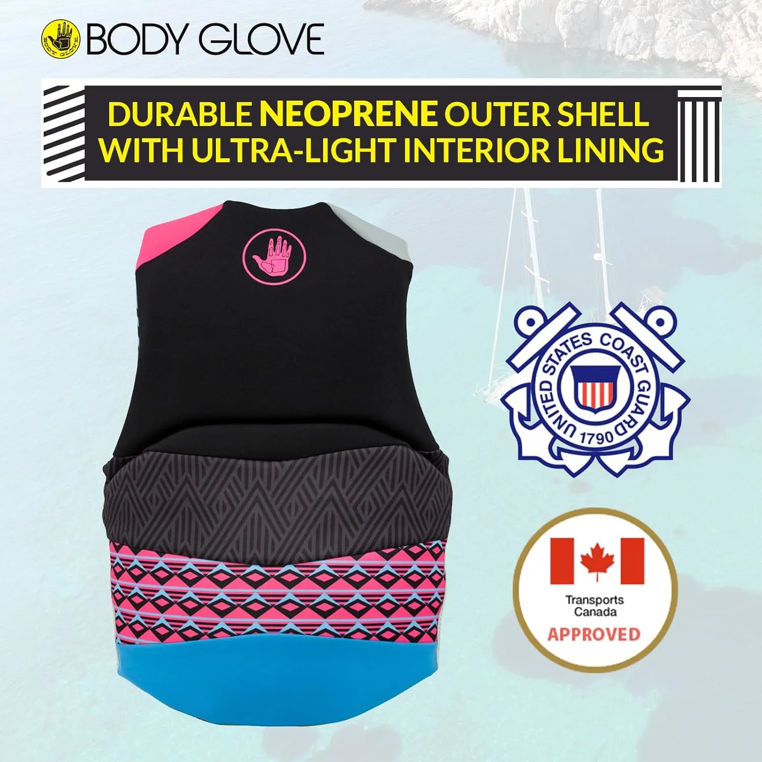 Body Glove Phantom Women's Neoprene Life Jacket, USCG and Transport Canada Approved PFD, Lightweight Life Vest, Great for Boating, Fishing, Kayaking, Rafting, Paddling