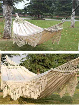Bohemian Camping Hammock,Elegant Tassels 78.8x59（inch） Portable Cotton Hammock,Camping Essentials,Double 2 Person Hammock Tent for Outdoor Hiking