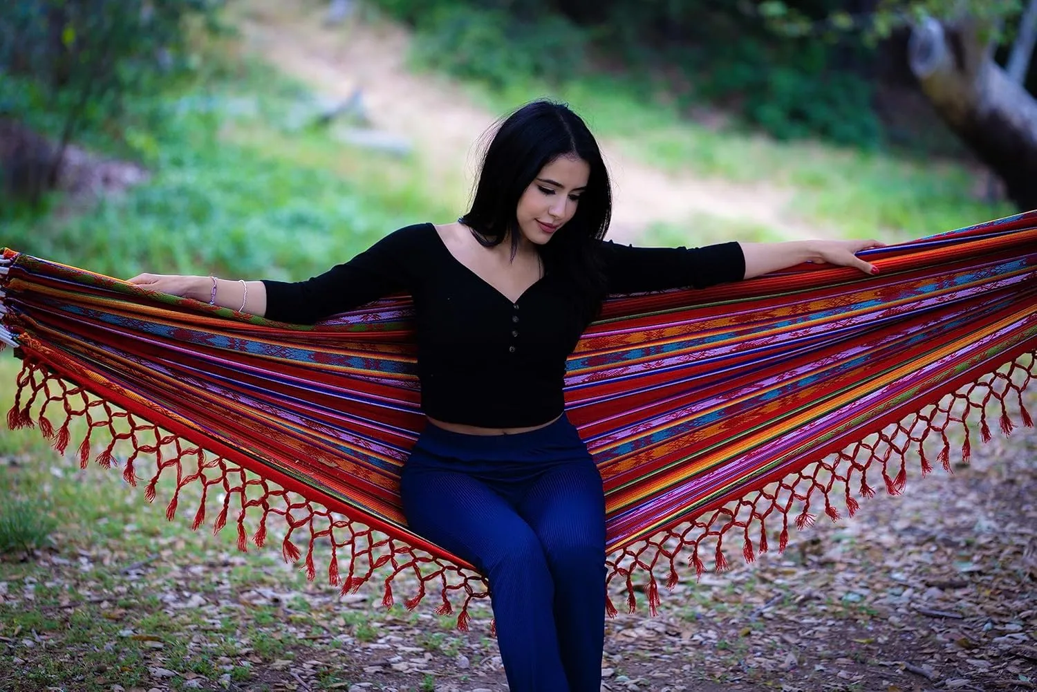 Boho Classic Hammock with Tassel, Handmade, Weather-Resistant, Hammock for Indoor & Outdoor, Lightweight Durable - for Patio, Porch, Backyard Lounging (Inti Red)