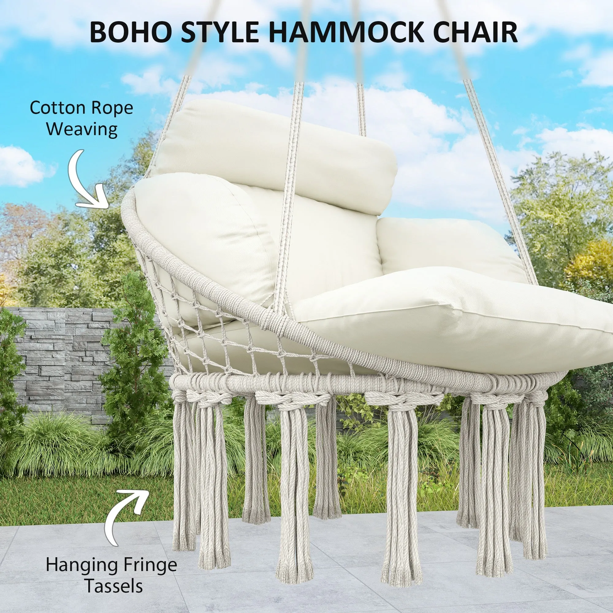 Boho Hammock Chair Swing Hanging Chair with Cushion, Chain, Steel Frame for Indoor Outdoor Bedroom Patio Balcony, Cream