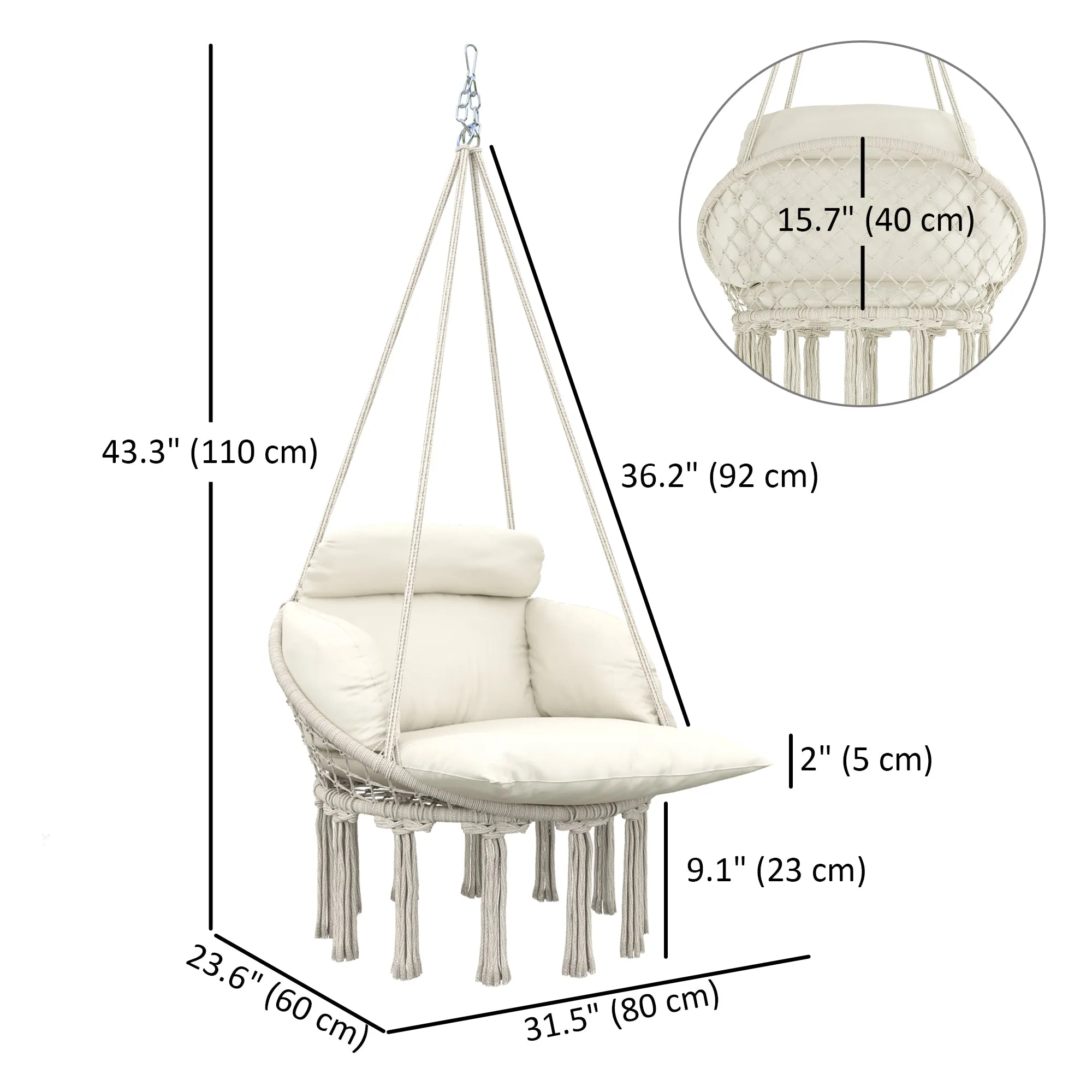 Boho Hammock Chair Swing Hanging Chair with Cushion, Chain, Steel Frame for Indoor Outdoor Bedroom Patio Balcony, Cream