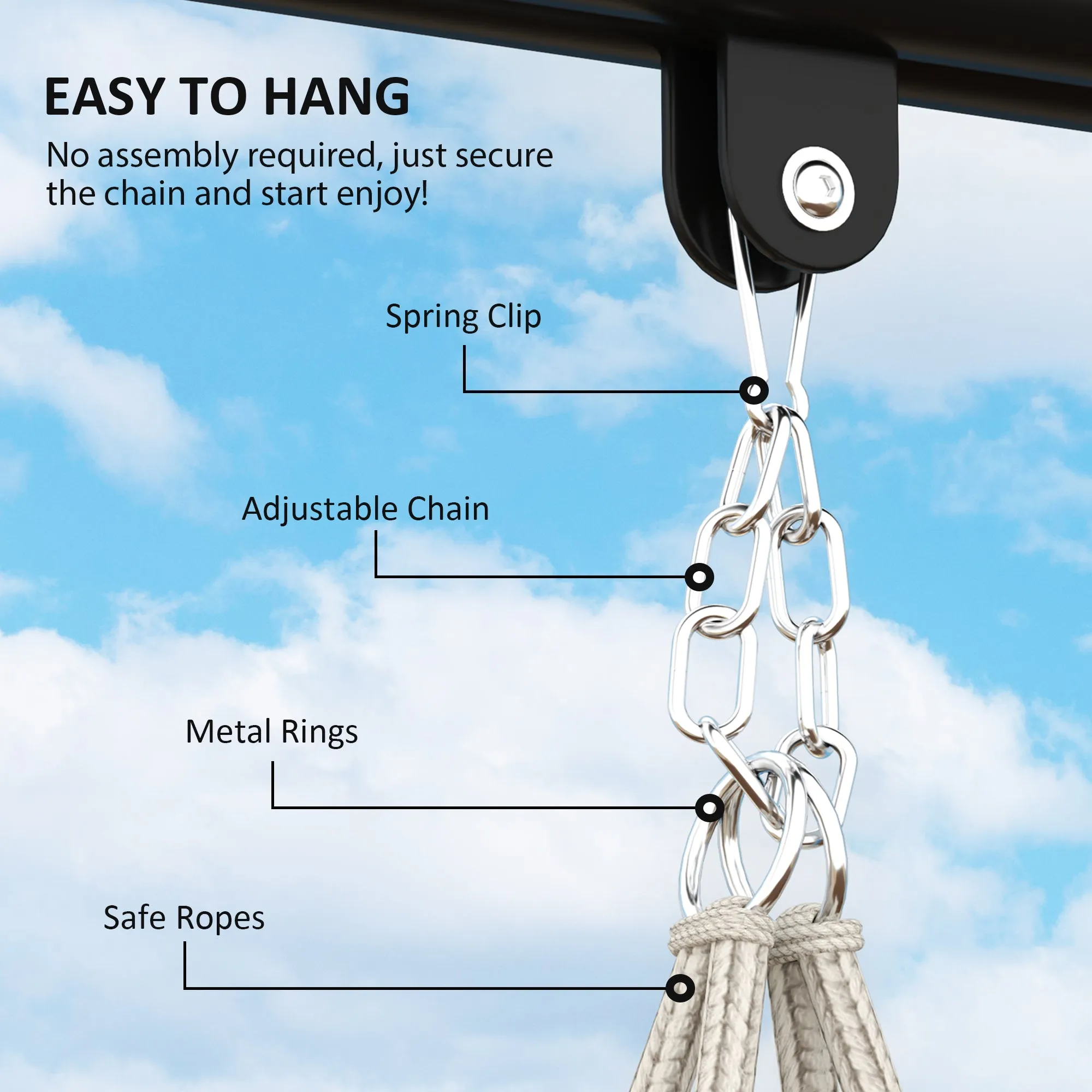 Boho Hammock Chair Swing Hanging Chair with Cushion, Chain, Steel Frame for Indoor Outdoor Bedroom Patio Balcony, Cream