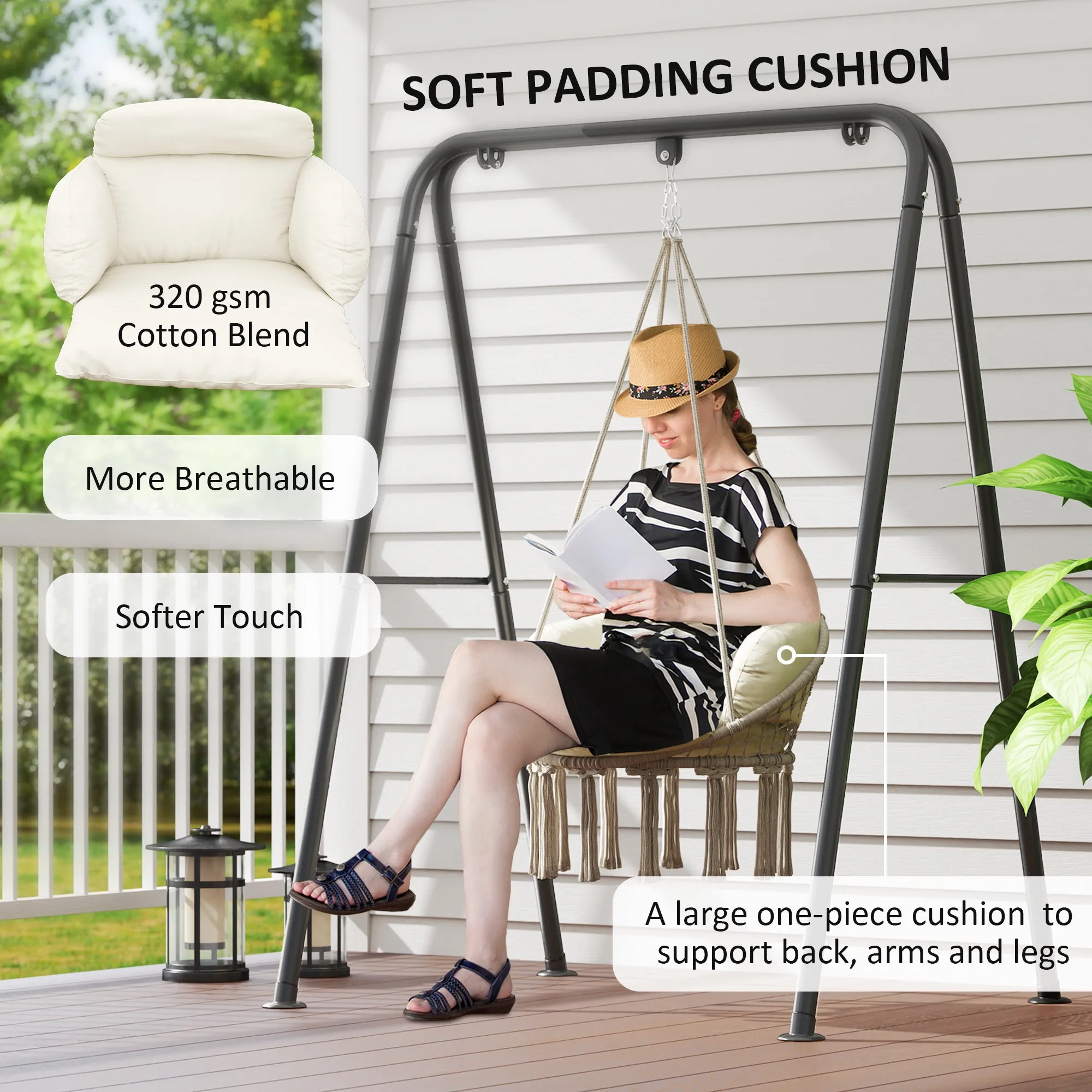 Boho Hammock Chair Swing Hanging Chair with Cushion, Chain, Steel Frame for Indoor Outdoor Bedroom Patio Balcony, Cream