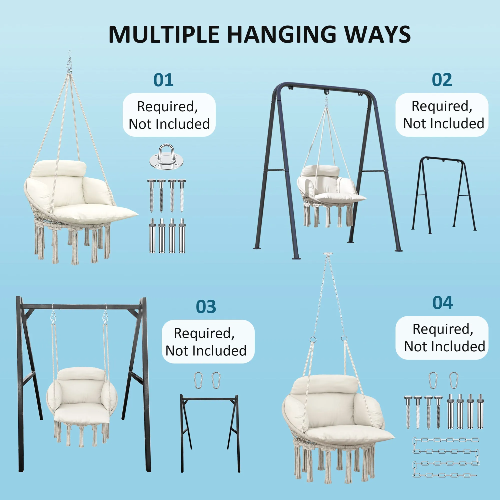 Boho Hammock Chair Swing Hanging Chair with Cushion, Chain, Steel Frame for Indoor Outdoor Bedroom Patio Balcony, Cream