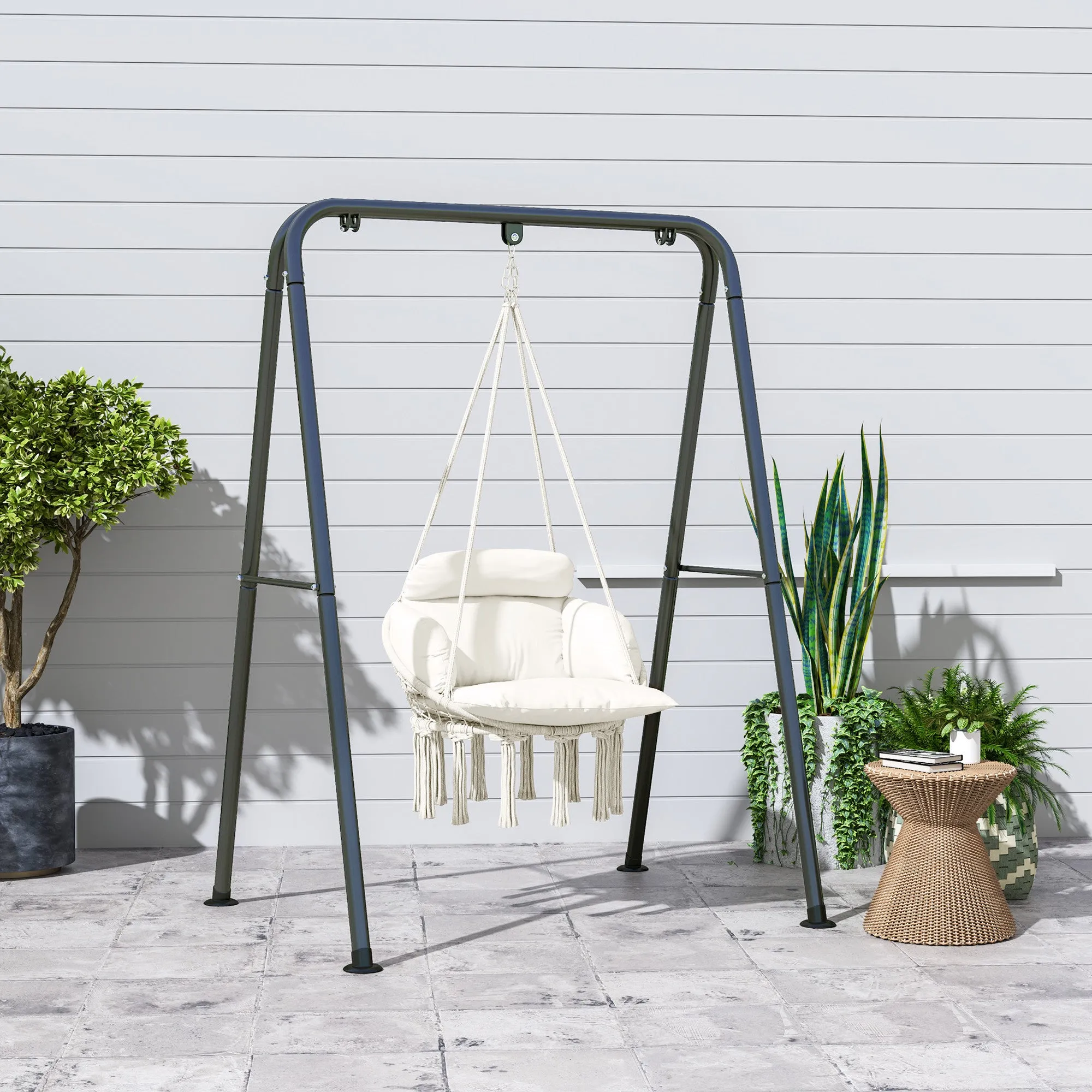 Boho Hammock Chair Swing Hanging Chair with Cushion, Chain, Steel Frame for Indoor Outdoor Bedroom Patio Balcony, Cream