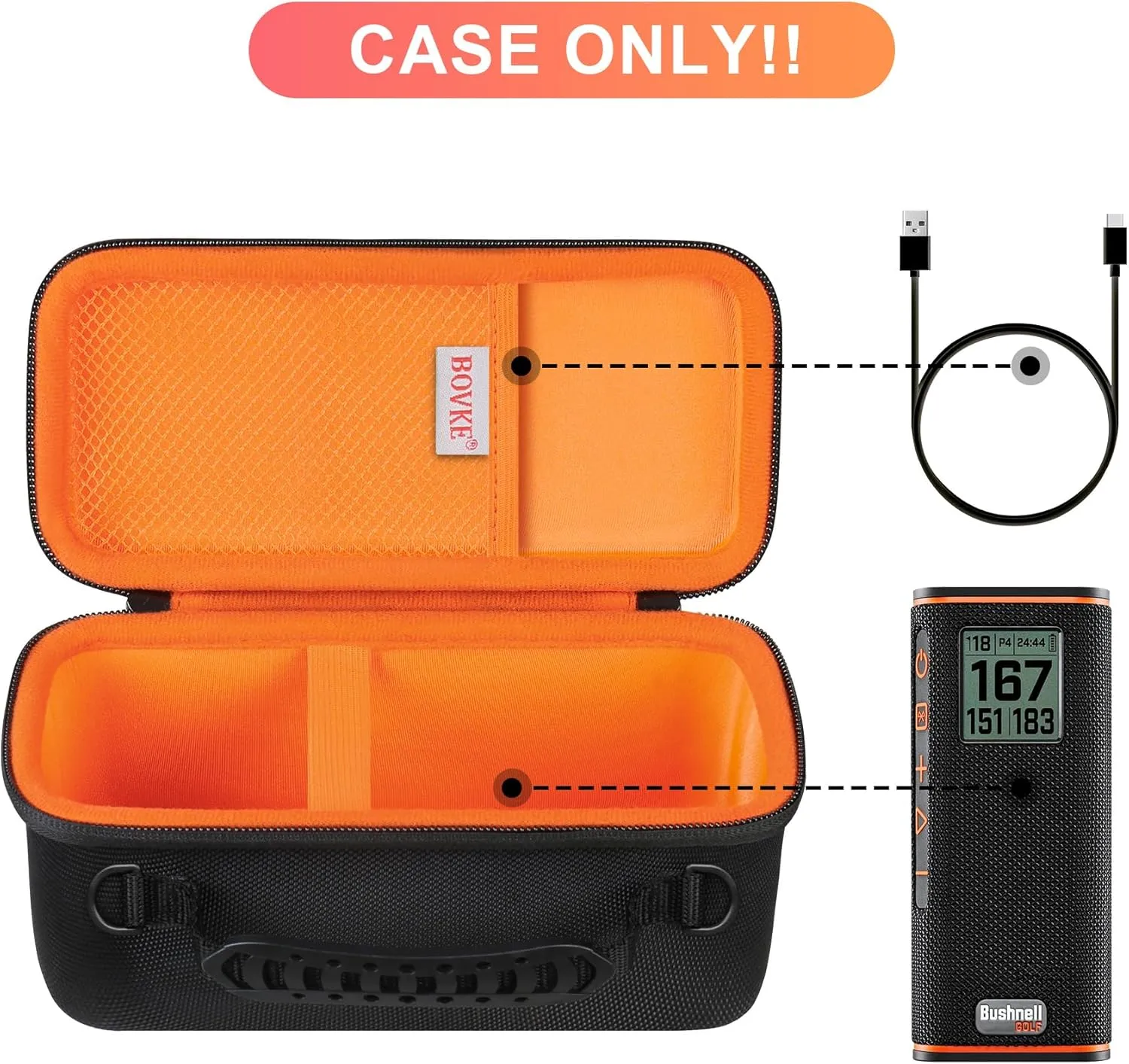 BOVKE Carrying Case for Bushnell Wingman View Golf GPS Speaker, Wingman View Travel Bag with Shoulder Strap and Extra Mesh Pocket for Charging Cords and Accessories, Black/Orange