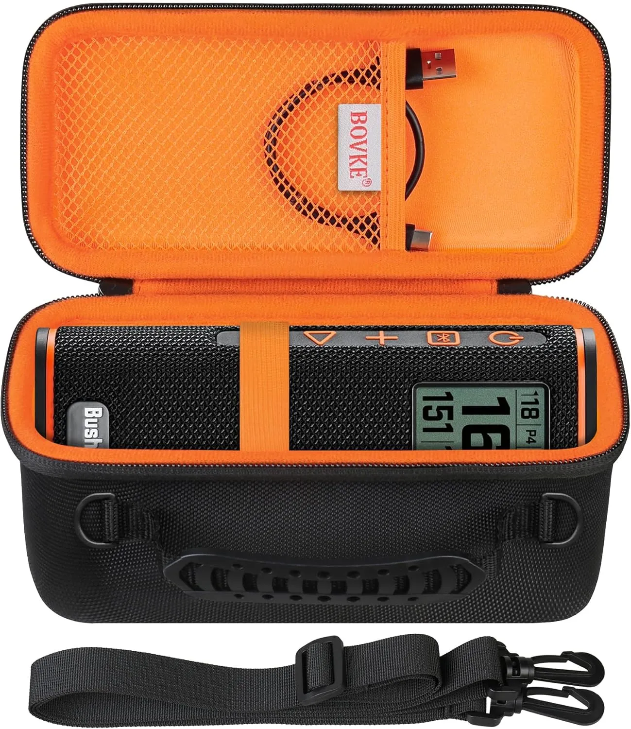 BOVKE Carrying Case for Bushnell Wingman View Golf GPS Speaker, Wingman View Travel Bag with Shoulder Strap and Extra Mesh Pocket for Charging Cords and Accessories, Black/Orange