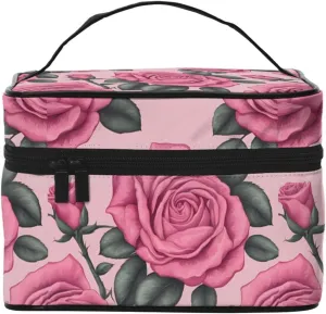 Bright Pink Roses Large Capacity Portable Waterproof Cosmetic Bag 9x6.5x6.2 In For Travel Outdoor Sports Wedding Companion Gift, Black