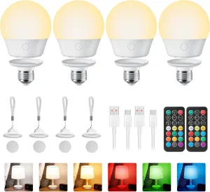 Brightown E26 Rechargeable Light Bulb with Remote and Timer, Battery Backup Bulb for Sconces and Lamps, E26 Detachable Charging for Non-Hardwired Fixture, 3 Color Temperatures   9 RGB Colors, 4 Pack