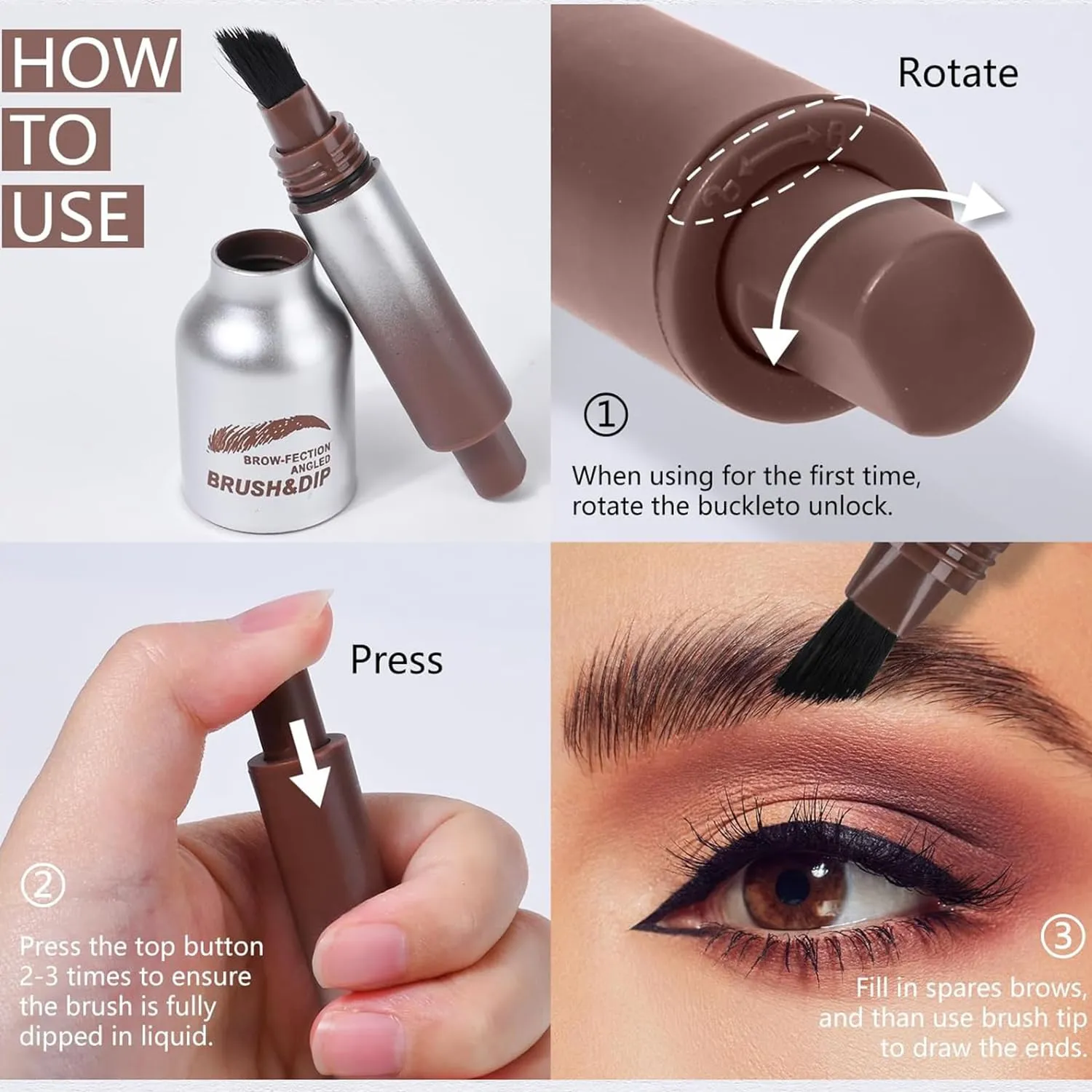 Brow Brush, 1/2PCS Eyebrow, Instant Brow Brush, Instant Brow, Liquid Eyebrow Brush, Brow-Fection Angled Brush & Dip-Chocolate Long Lasting Waterproof (#01 #04)