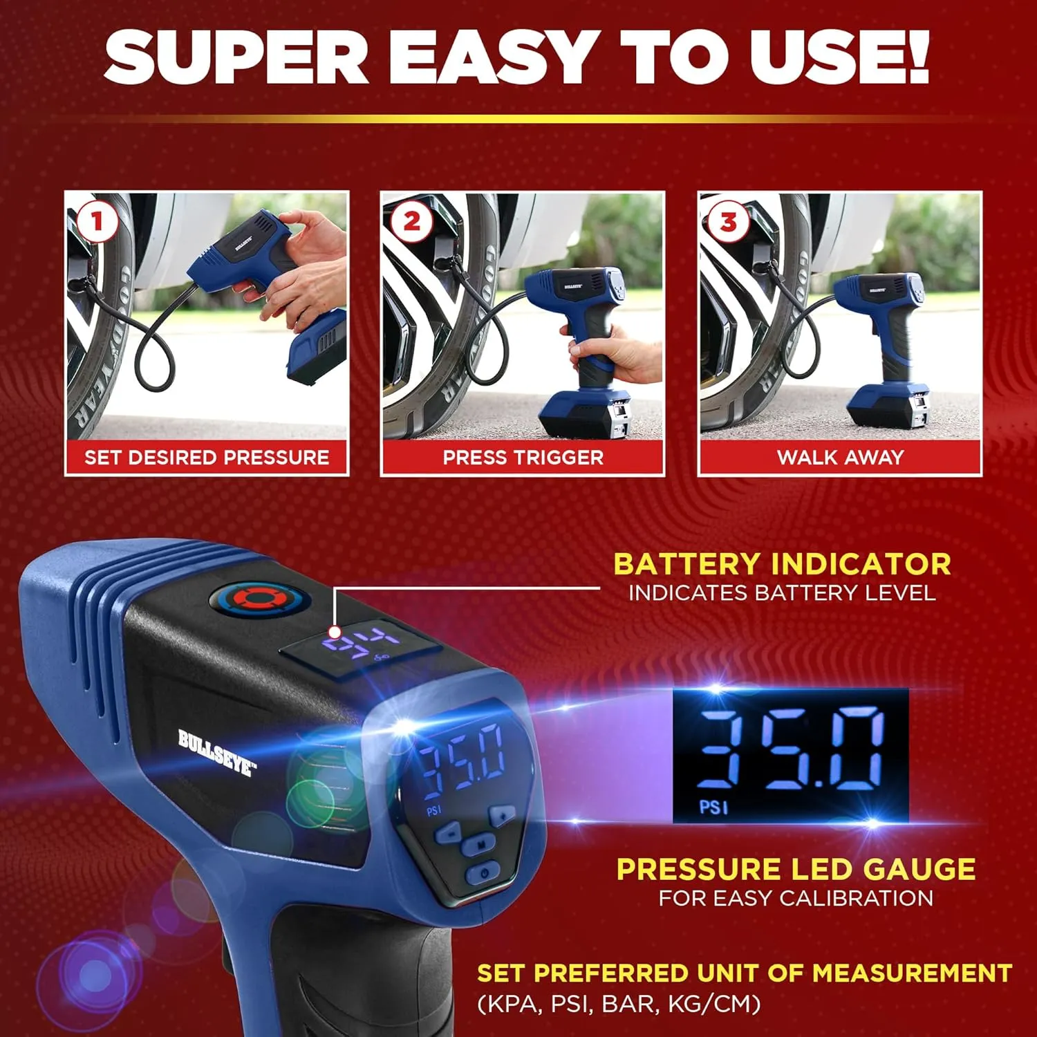 Bullseye Pro Tire Inflator Portable Air Compressor, Car Tire Inflator Portable, Portable Air Pump for Car Tires - 150PSI, 12V DC 1500 mAhs with Tire Pressure Gauge, Rechargeable As Seen On TV(Blue)