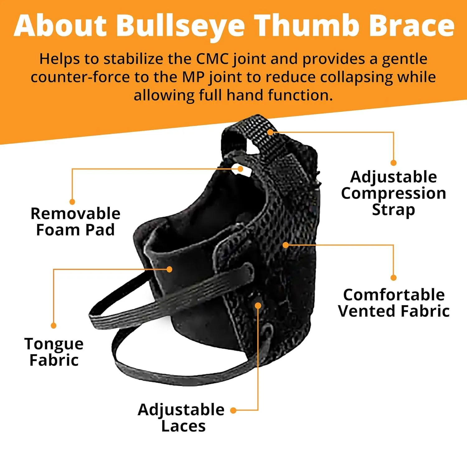 Bullseye Thumb Brace – Stabilizes CMC Joint for Arthritis & Injury Relief, Adjustable Fit, Speed Lacer for Easy On/Off, Comfortable, Hand Wash, Air Dry (L/XL - Right Hand, 23-27 cm)