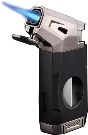 Butane Torch Lighter, Windproof Jet Flame Lighter with V-Cutter, Flame Adjustable Refillable Turbine Torcher Lighters with Fuel Window, for Candle, Fireworks, Kitchen, Outdoor, Hiking etc (Black)