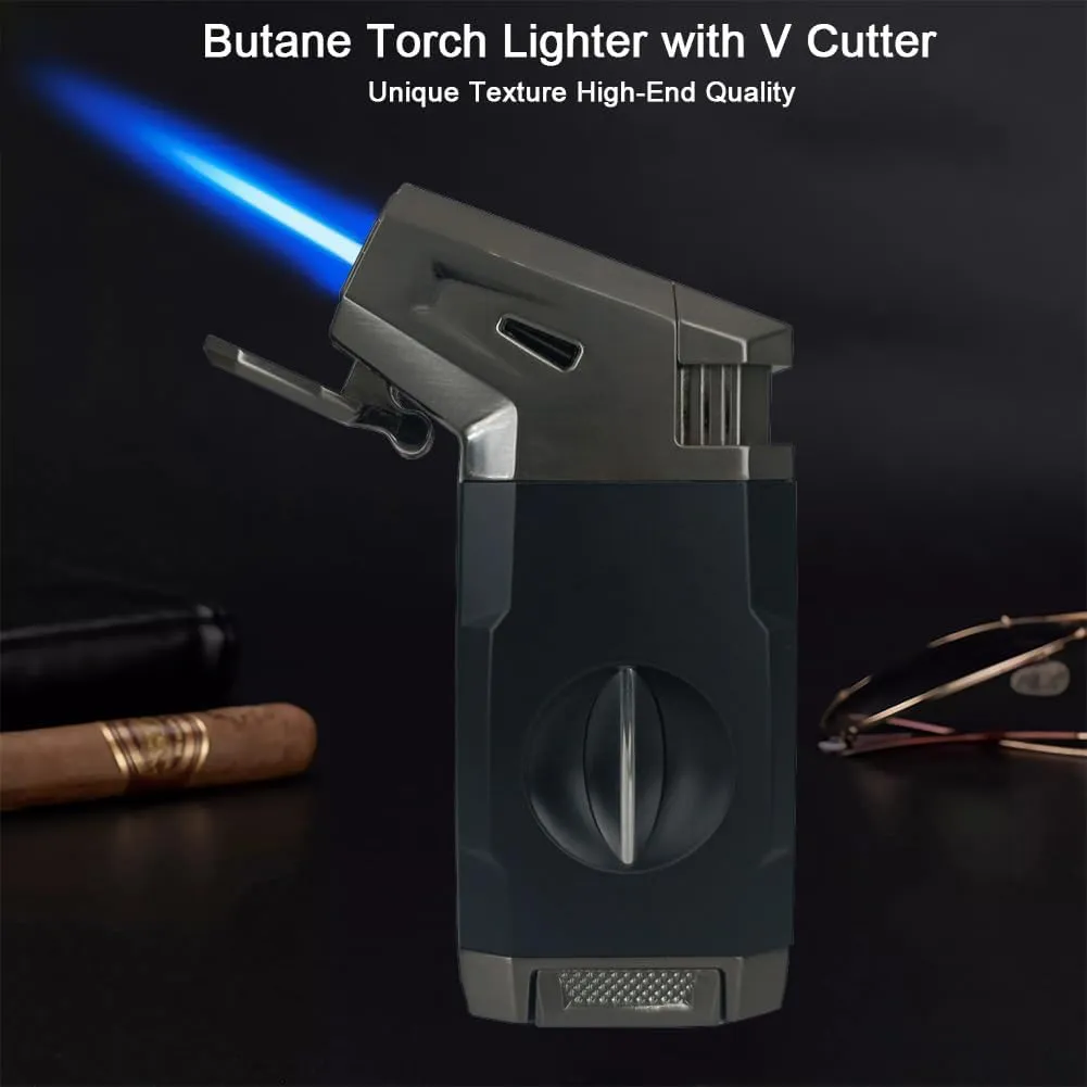 Butane Torch Lighter, Windproof Jet Flame Lighter with V-Cutter, Flame Adjustable Refillable Turbine Torcher Lighters with Fuel Window, for Candle, Fireworks, Kitchen, Outdoor, Hiking etc (Black)