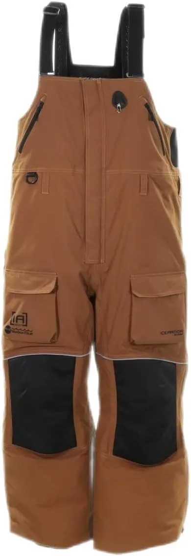 by CLAM Ascent Float Bib – Brown/Black – Waterproof Insulated Ice Fishing Bib with MotionFloat Technology for Flotation Assist – Durable, Breathable Cold Weather Safety Gear
