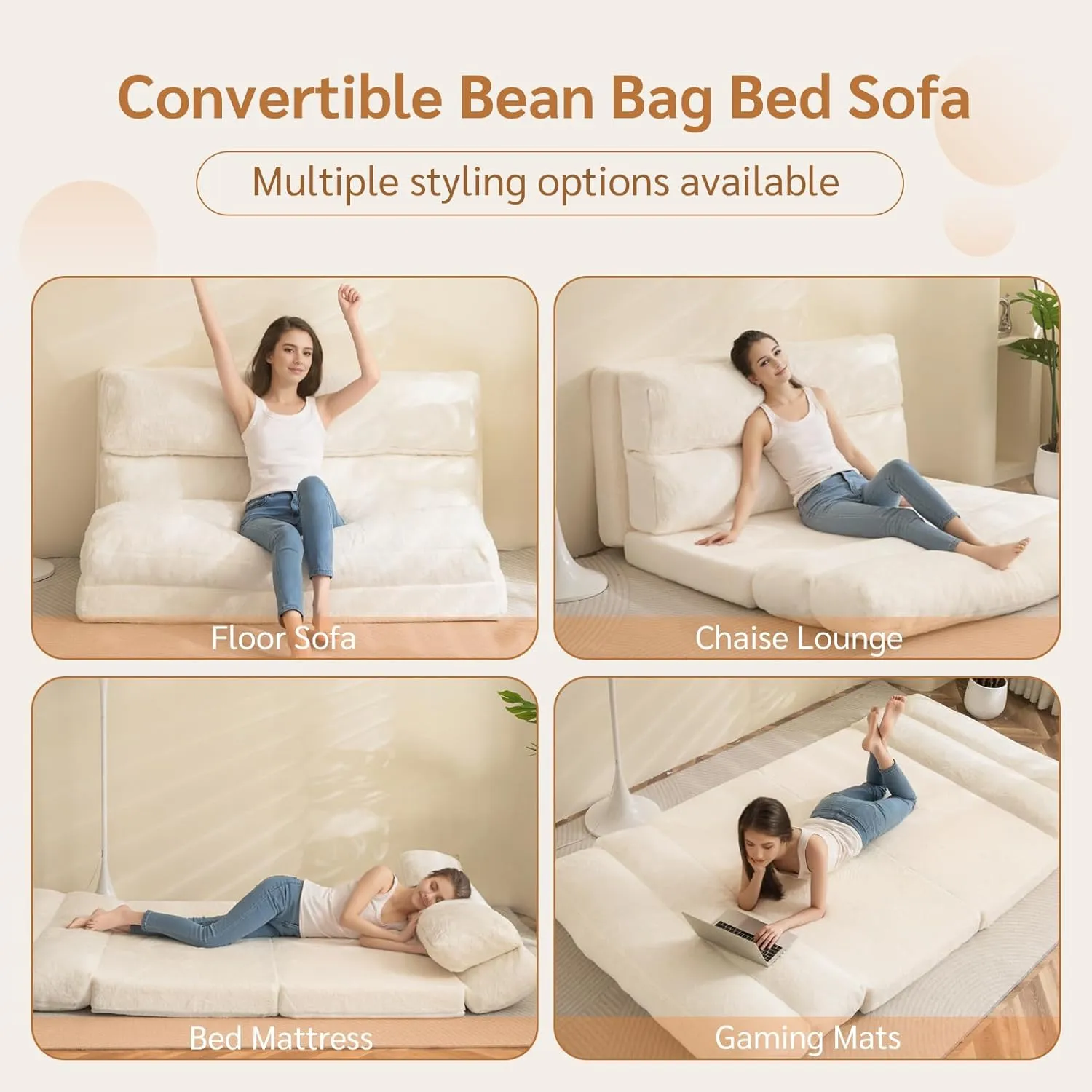 BYBYME Bean Bag Bed Folding Sofa Bed, Extra Wider Fold Full Floor Mattress for Adults with Washable Soft Faux Fur Cover, Floor Couch for Bedroom Living Room