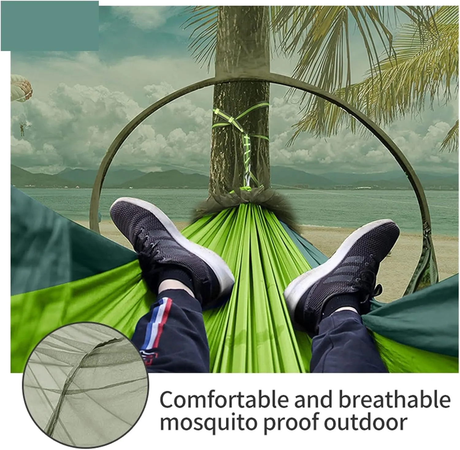 Camp Quick Open Camping Hammock with Mosquito Net Lightweight Portable Parachute Nylon Double Hammock Backpacking Survival Travel Strong, Black