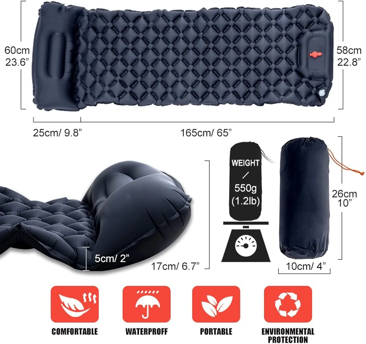 Camping Blankets Outdoor Camping Sleeping Pad Inflatable Mattress with Pillows Ultralight Air Mat Built-in Inflator Pump Travel Hiking(Black)