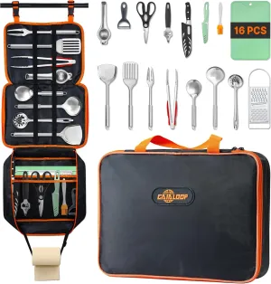 Camping Cooking Utensils 16PCS and 4 in Thick Twin Size Memory Foam Roll Up Camping Mattress Bundle