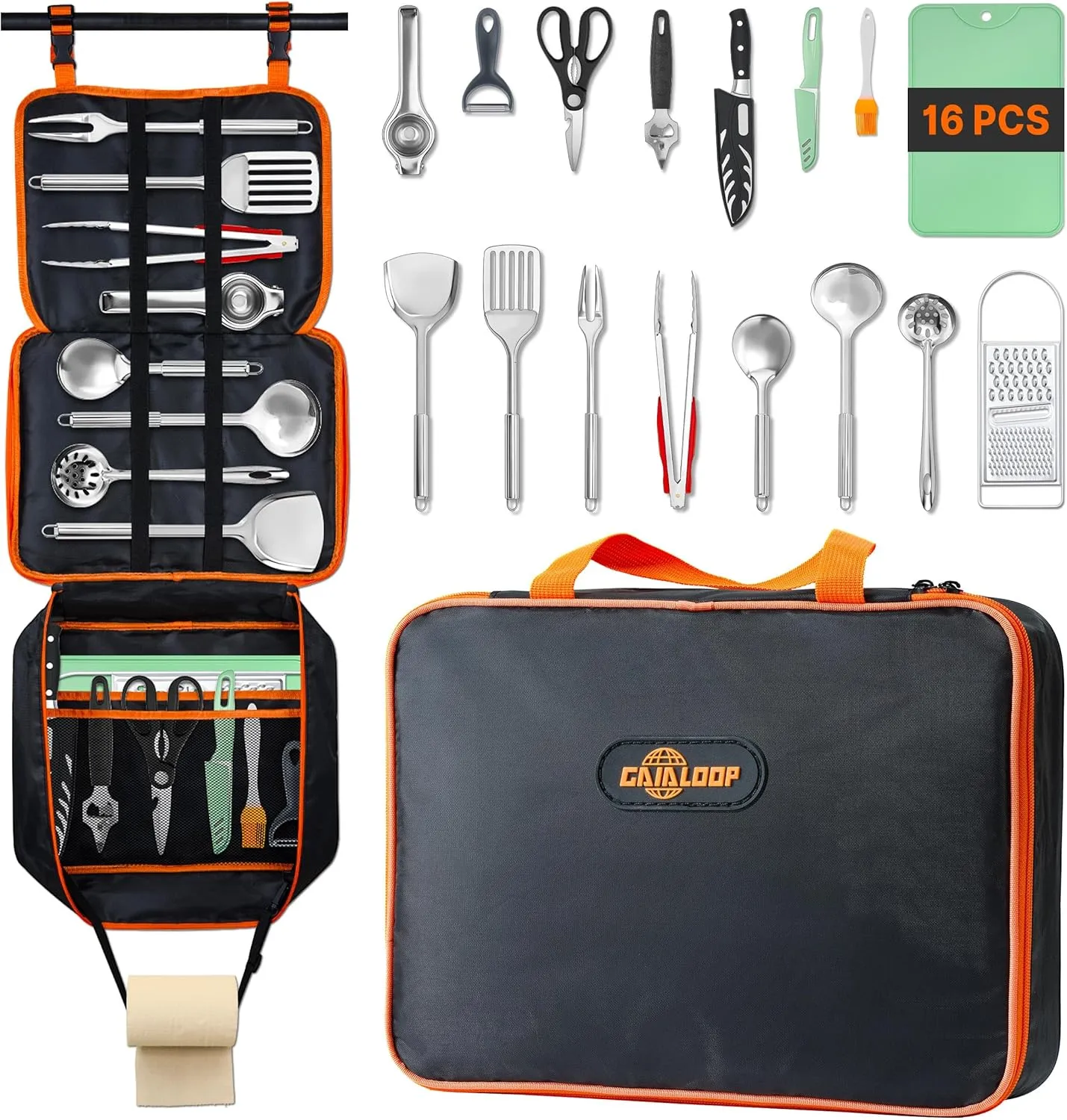 Camping Cooking Utensils 16PCS and 4 in Thick Twin Size Memory Foam Roll Up Camping Mattress Bundle