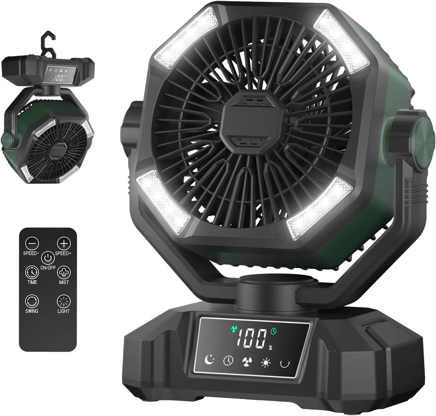 Camping Fan Rechargeble - Portable Battery Powered Fan 20000mAh with LED Lantern Light, Oscillating Tent Fan with Remote, USB Output, Dual Motor, Camping Fans for Tents, Travel, Home (Forest Green)