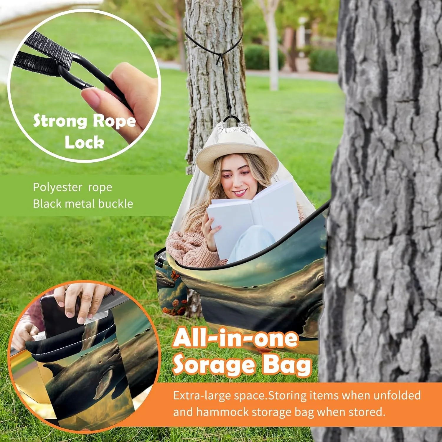 Camping Hammock Double & Single Portable Hammocks with 2 Tree Straps, Great for Hiking,Backpacking,Hunting,Outdoor,Beach,Camping, Whale (42)