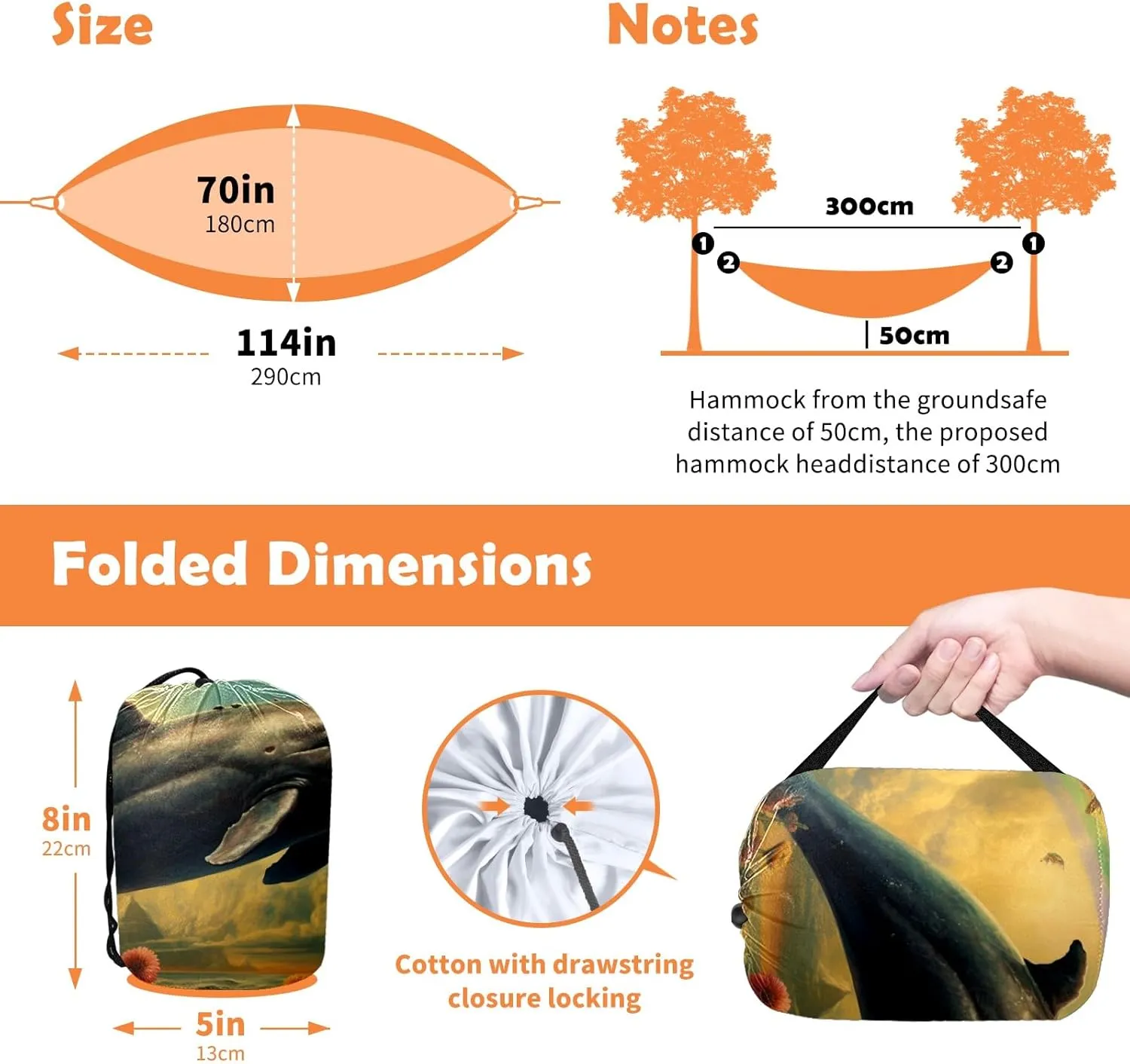 Camping Hammock Double & Single Portable Hammocks with 2 Tree Straps, Great for Hiking,Backpacking,Hunting,Outdoor,Beach,Camping, Whale (42)