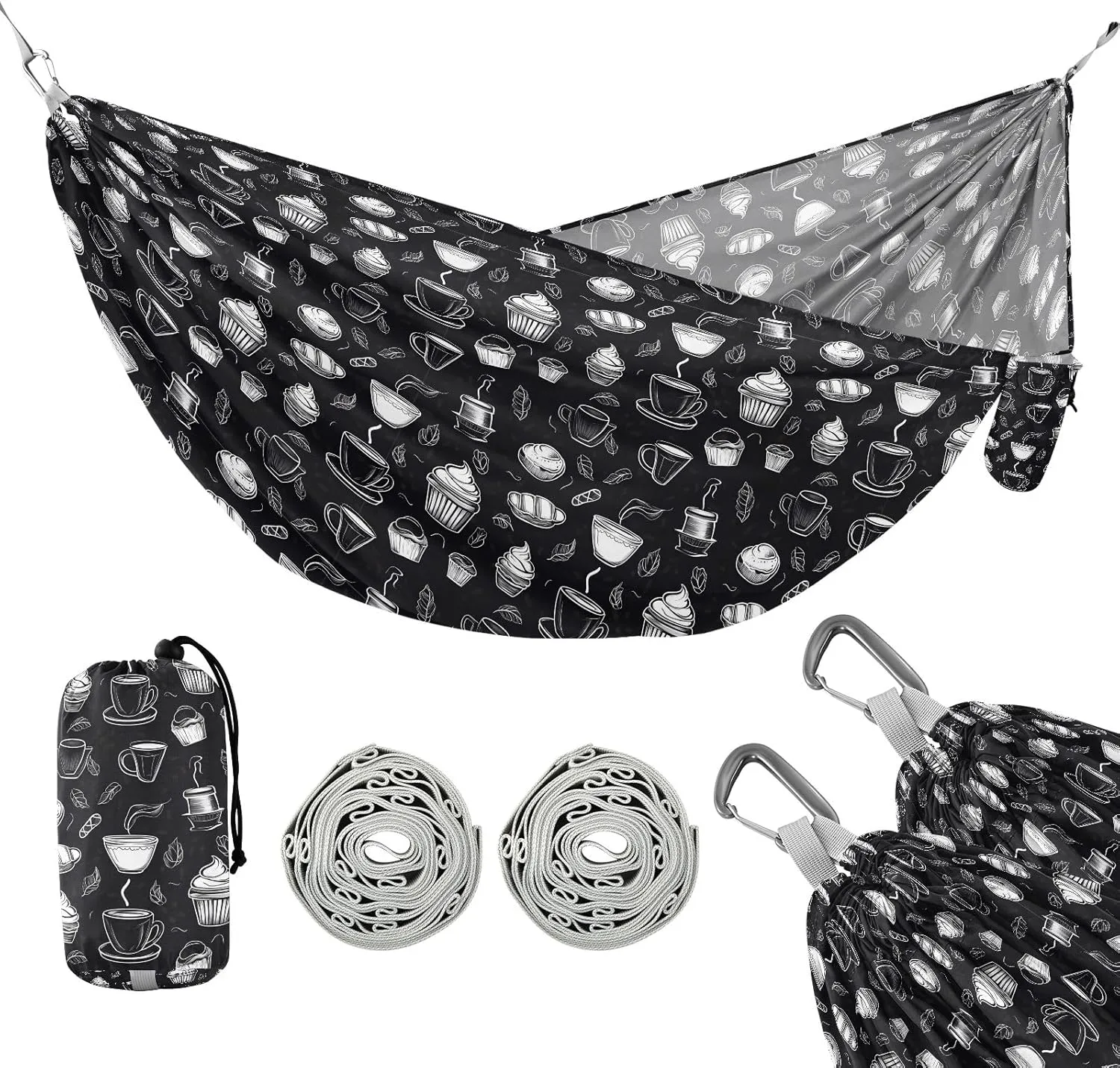 Camping Hammock Outdoor Hammocks for Outside Black Cake Bread Coffee Beach Trees Portable Lightweight with Pockets Tree Straps Indoor