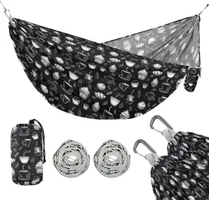 Camping Hammock Outdoor Hammocks for Outside Black Cake Bread Coffee Beach Trees Portable Lightweight with Pockets Tree Straps Indoor